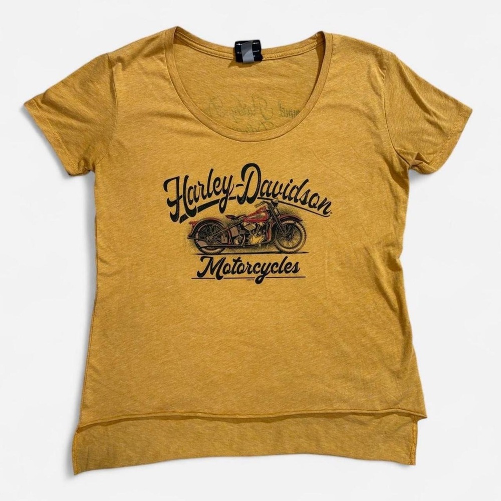 Harley-Davidson T-Shirt Womens Size Med Yellow Graphic Scoop Neck High-Low Biker